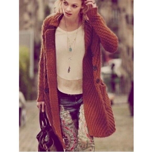 Free People Knit Long Draped Cardigan Sweater Red Wool Alpaca Large - Picture 2 of 12